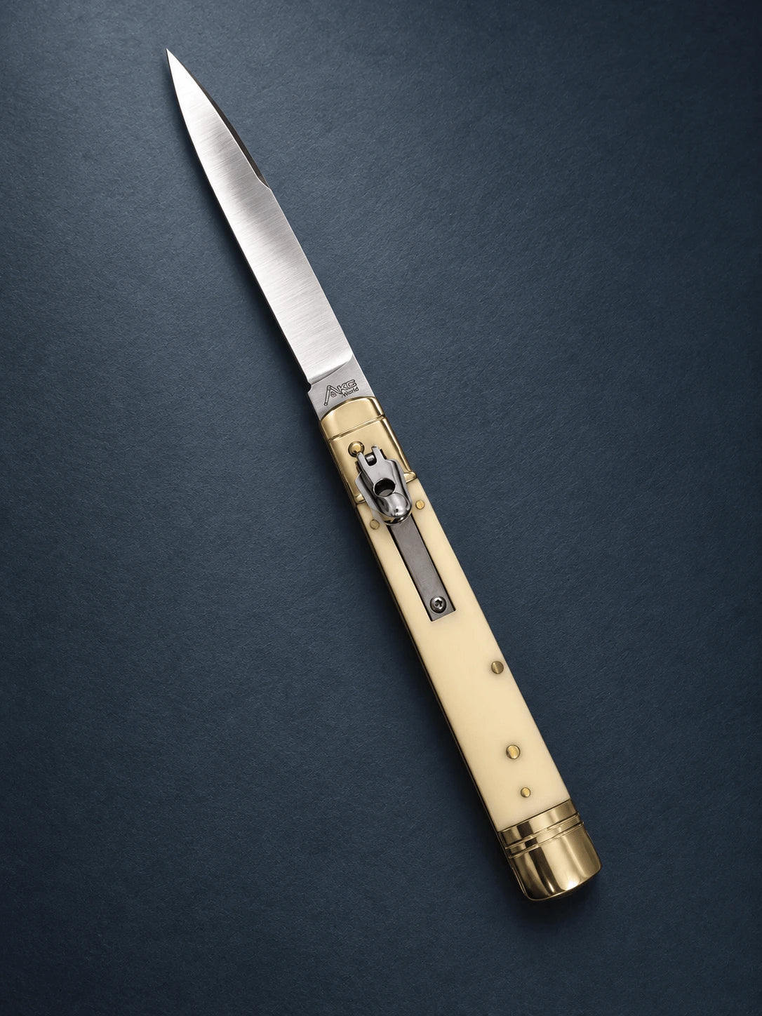 AKC 9 Leverlock Automatic Knife – Simulated Ivory, 4 Satin Drop Point