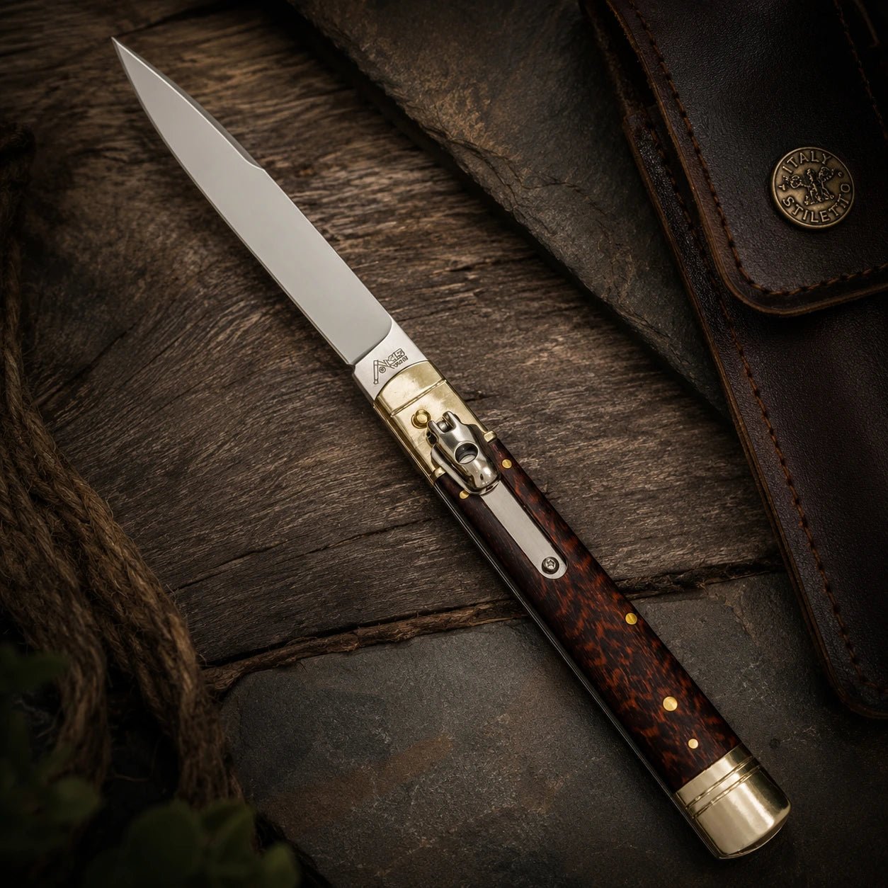AKC 9 Leverlock Automatic Knife – Snakewood Handle, Satin Drop Point Blade