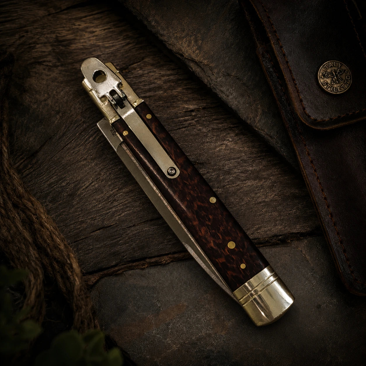 AKC 9 Leverlock Automatic Knife – Snakewood Handle, Satin Drop Point Blade