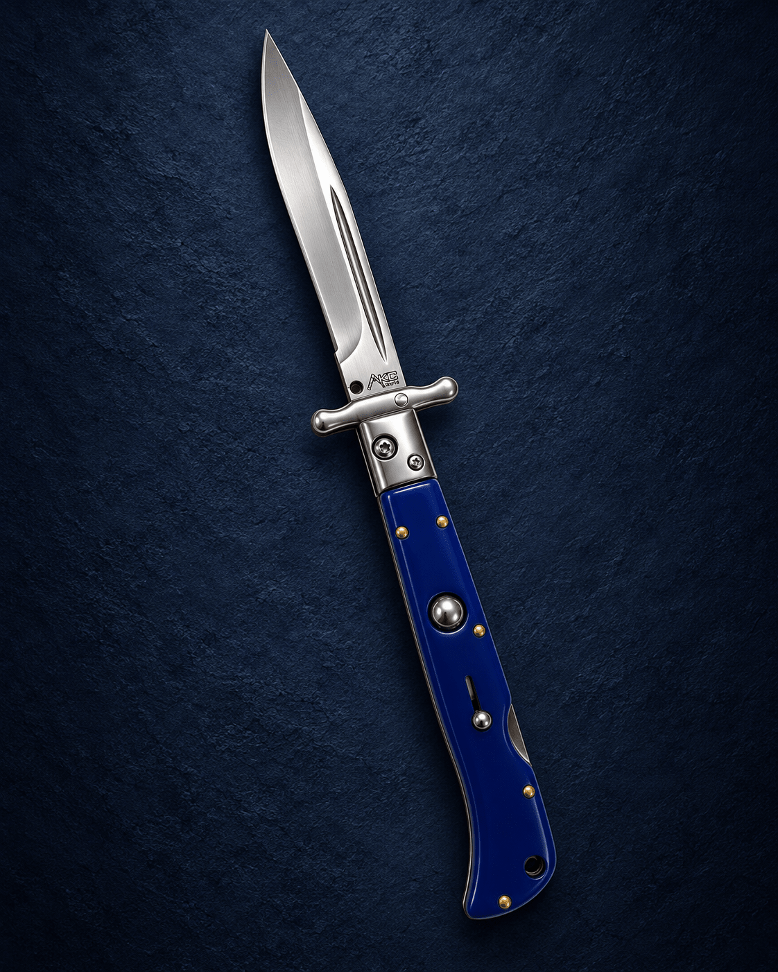 AKC 9 Roma Swinguard Automatic Knife – Blue Handle, 3.75 Polished Drop Point Blade