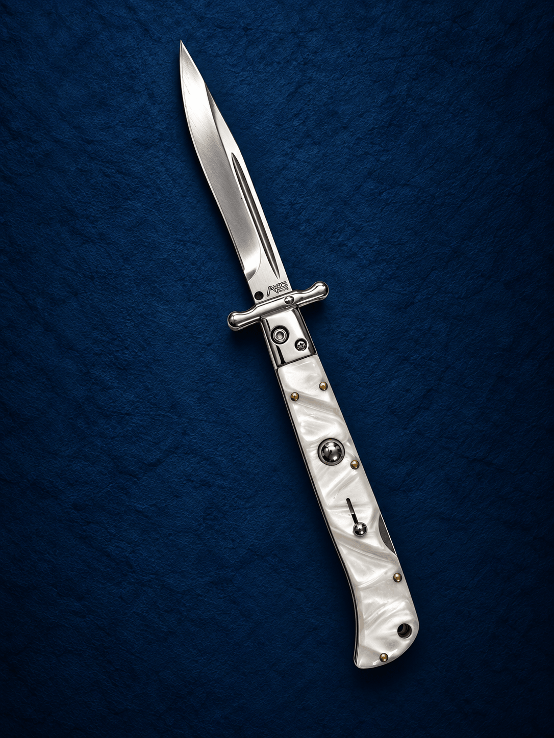 AKC 9 Roma Swinguard Automatic Knife – White Pearl Acrylic Handle, 3.75 Polished Drop Point Blade