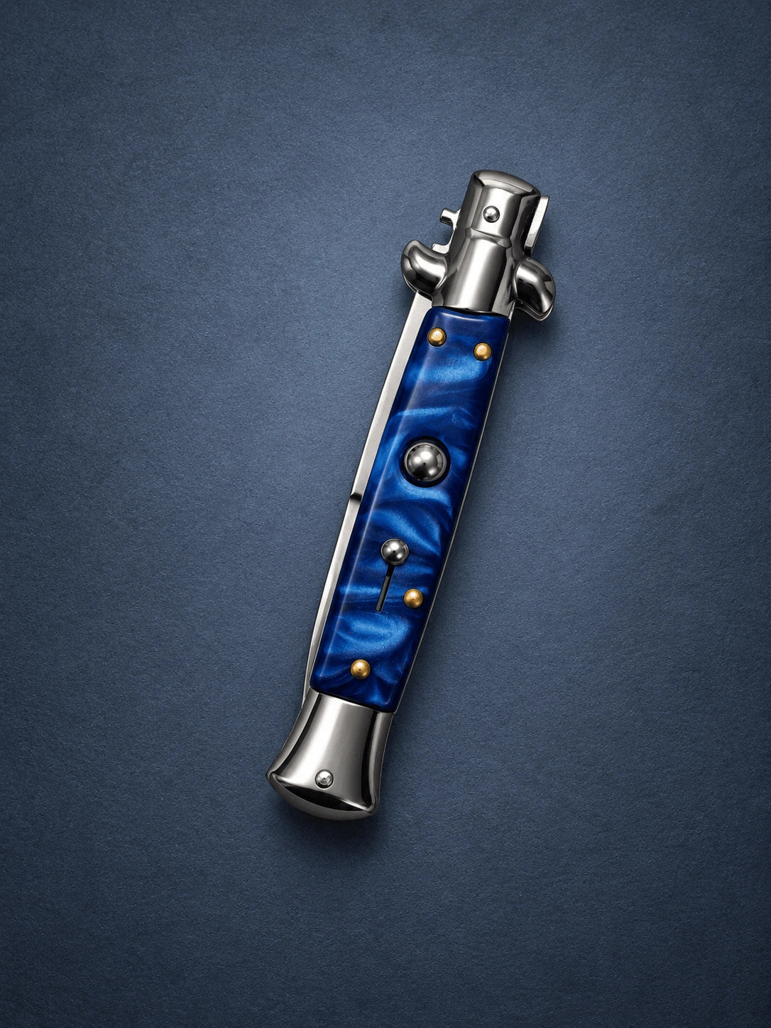 AKC 9 Stiletto Automatic Knife – Blue Pearl Acrylic Handle, Polished Bayonet Blade