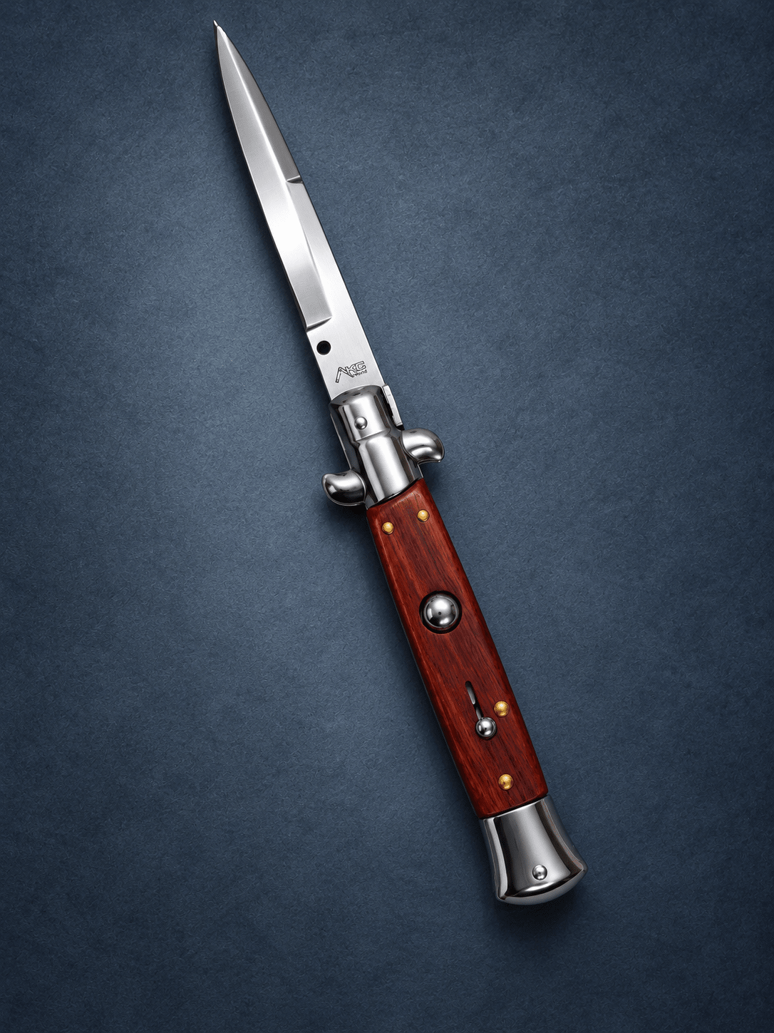 AKC 9 Stiletto Automatic Knife – Genuine Wood Handle, Polished Bayonet Blade