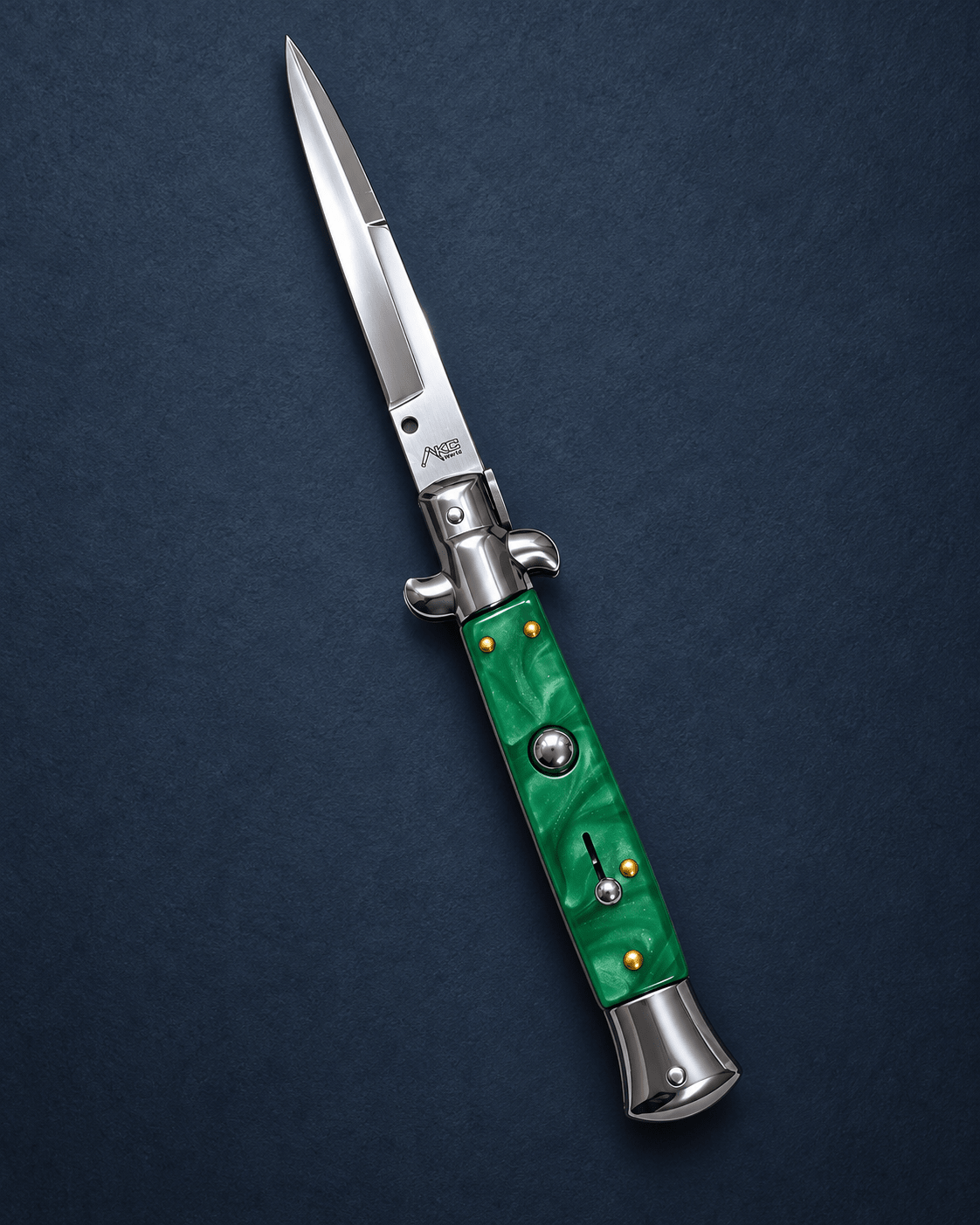 AKC 9 Stiletto Automatic Knife – Green Pearl Acrylic Handle, Polished Bayonet Blade