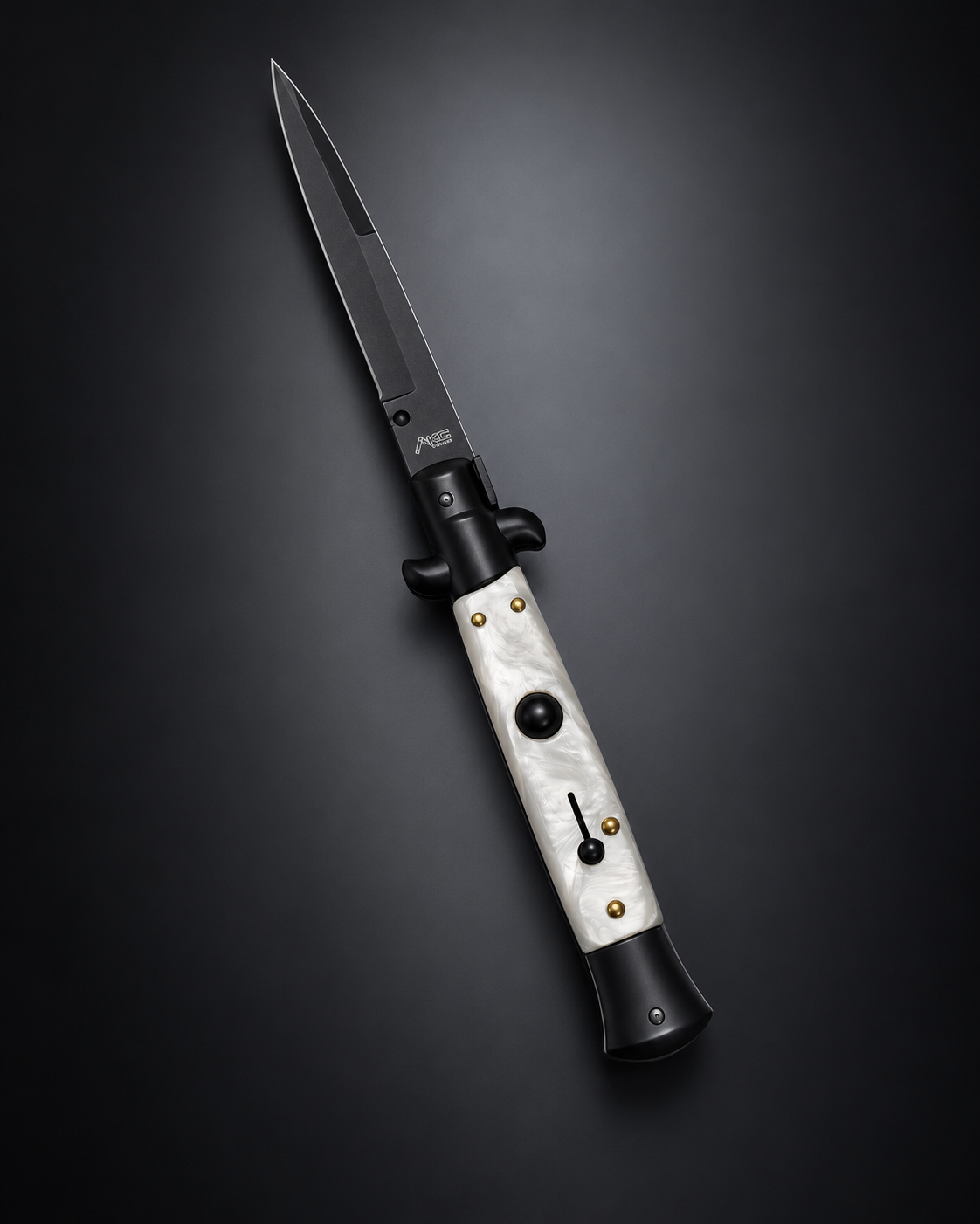 AKC 9 Tactical Edition Auto Stiletto White Pearl Knife - (3.75 Black Bayonet)