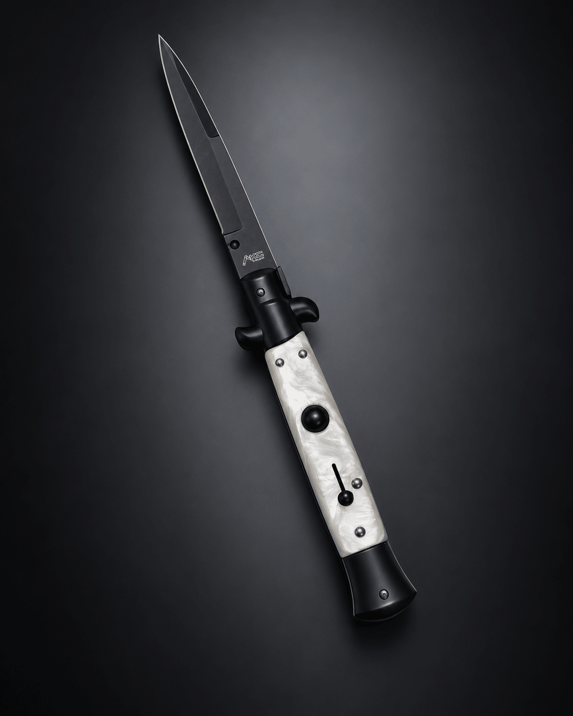 AKC 9 Tactical Edition Auto Stiletto White Pearl Knife - (3.75 Black Bayonet)