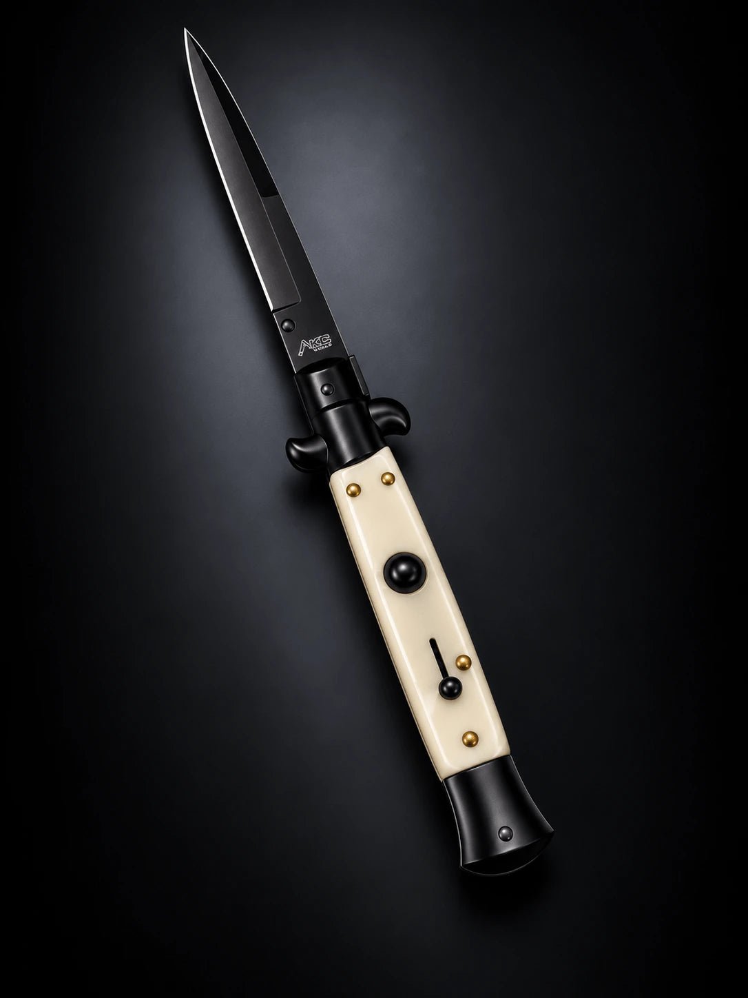 AKC 9 Tactical Edition Stiletto Automatic Knife – Ivory Acrylic Handle, 3.75 Black Bayonet Blade