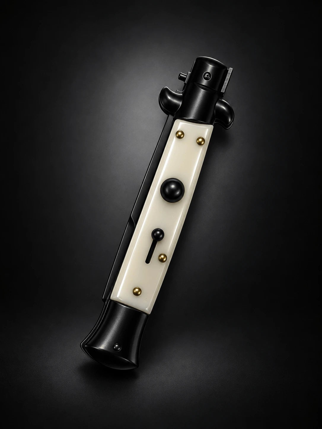 AKC 9 Tactical Edition Stiletto Automatic Knife – Ivory Acrylic Handle, 3.75 Black Bayonet Blade
