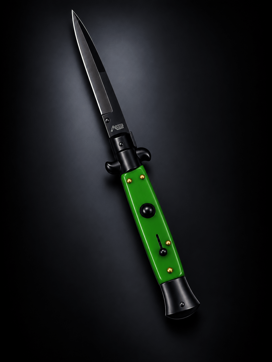 AKC 9 Tactical Edition Stiletto Automatic Knife – OD Green Handle, 3.75 Black Bayonet Blade