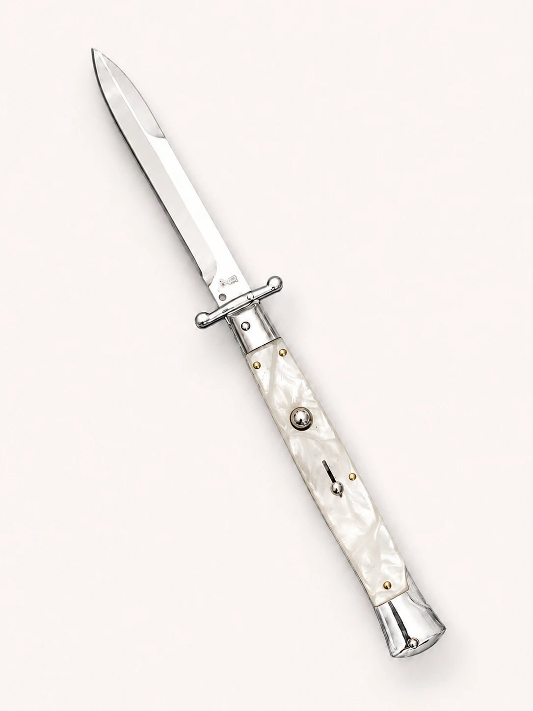 AKC Italian 11 White Pearl Auto Swinguard - Polished Bayonet