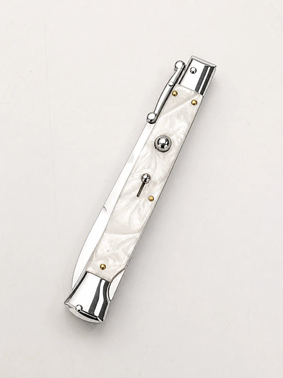 AKC Italian 11 White Pearl Auto Swinguard - Polished Bayonet