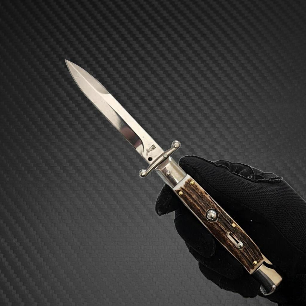 Premium Stiletto AKC Swinguard 9 Automatic Italian Stiletto Stag with 4 Polish Bayonet blade