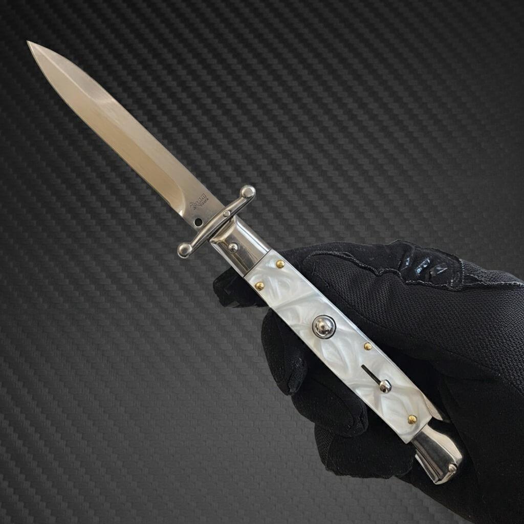 Elegant AKC Swinguard 9 Automatic Italian Stiletto in White Pearl with 4 Polish Bayonet blade for luxury collectors