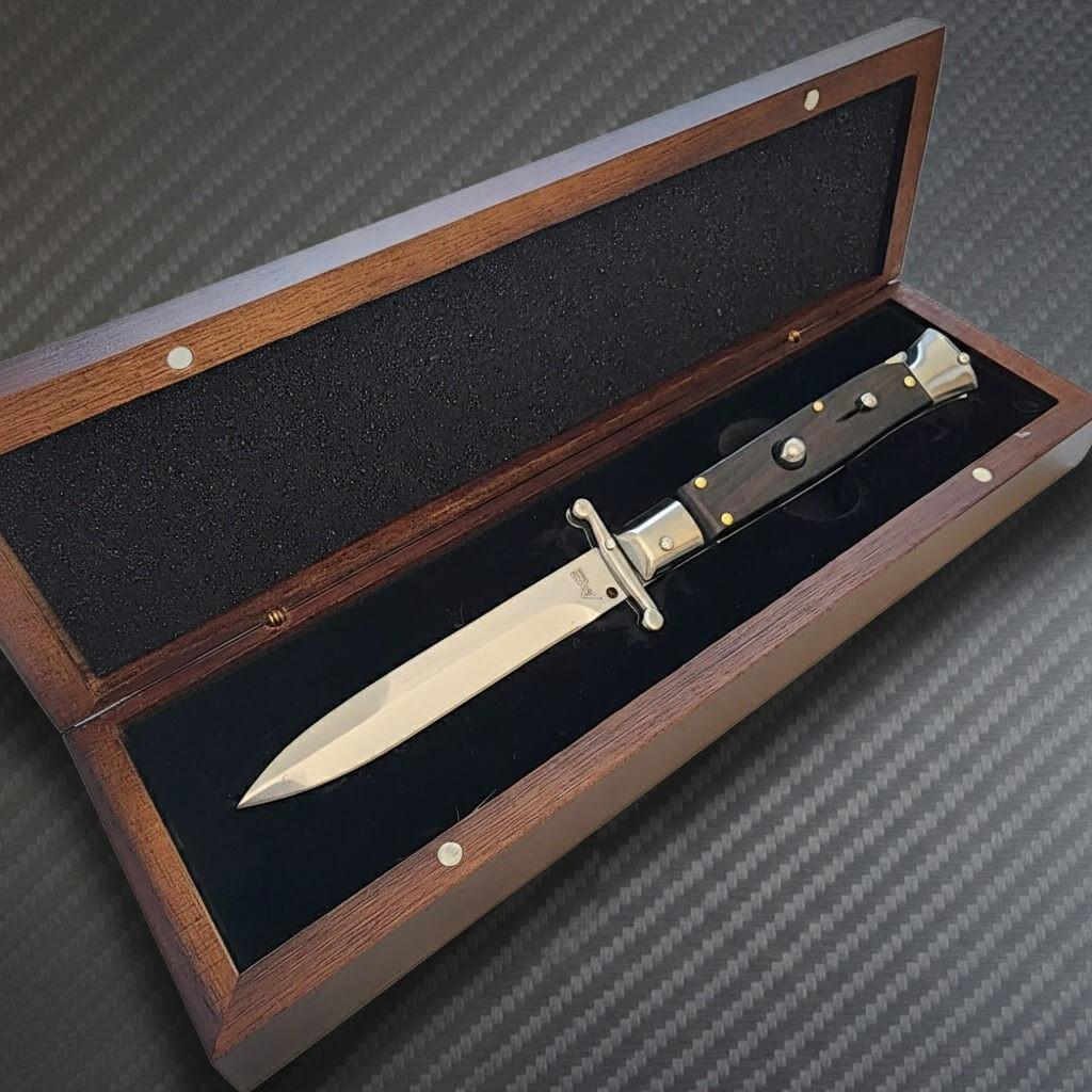 Powerful AKC Swinguard 9 Automatic Knife with Stylish Black Wood Handle and 4 Polished Bayonet Blade