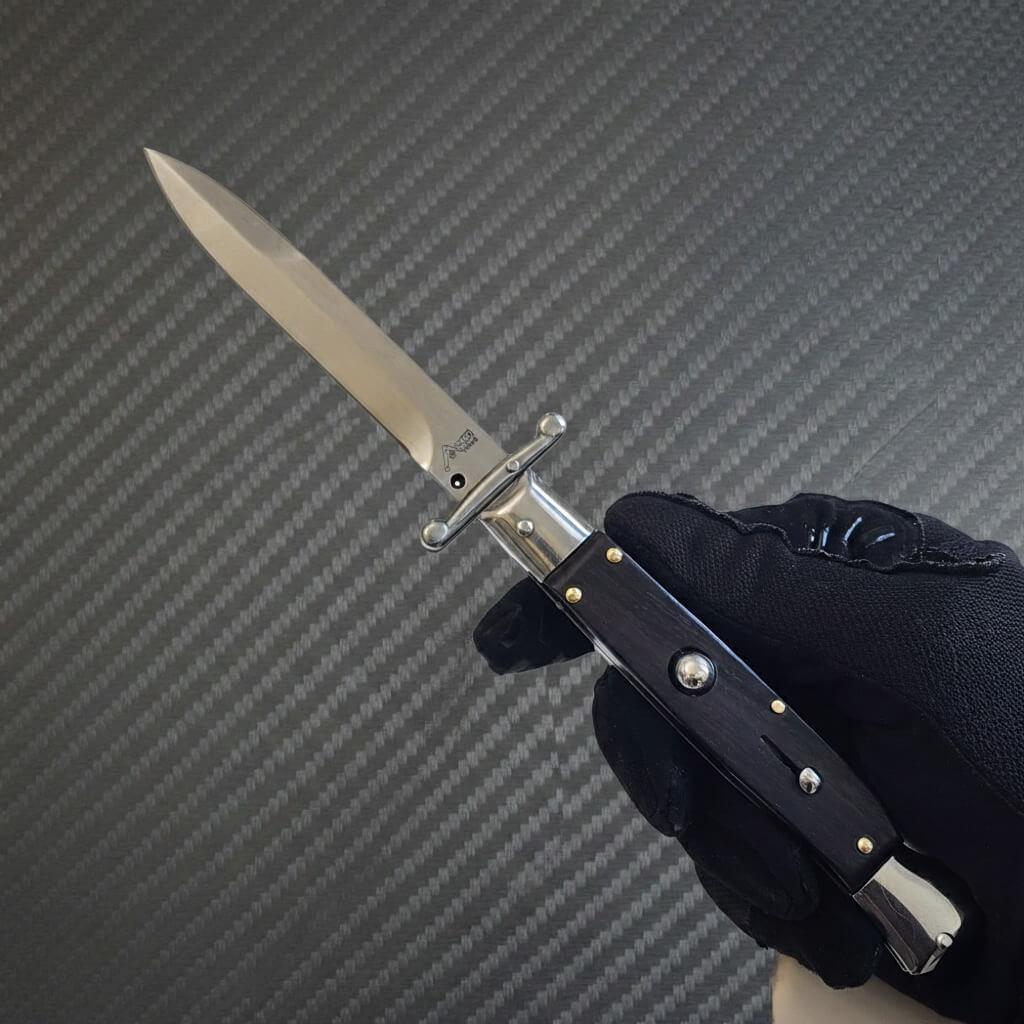 Powerful AKC Swinguard 9 Automatic Knife with Stylish Black Wood Handle and 4 Polished Bayonet Blade