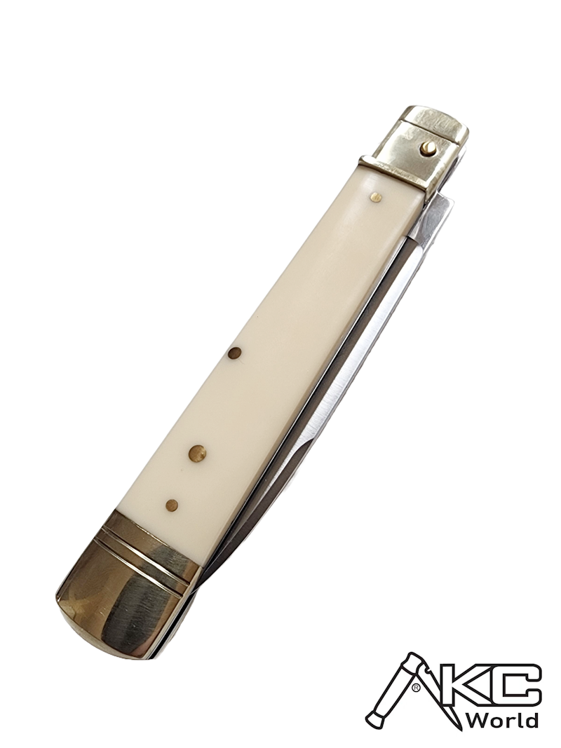 AKC World 9 Leverlock Automatic Knife Sim Ivory with Satin Plain blade, premium AKC Leverlock design for collectors