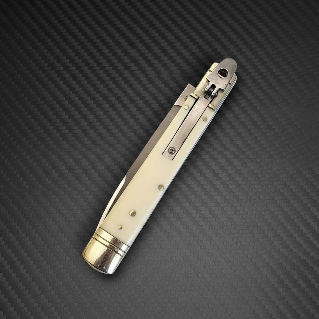 AKC 9 Leverlock Automatic Knife Sim Ivory with Satin Plain finish for precise cutting and durable use