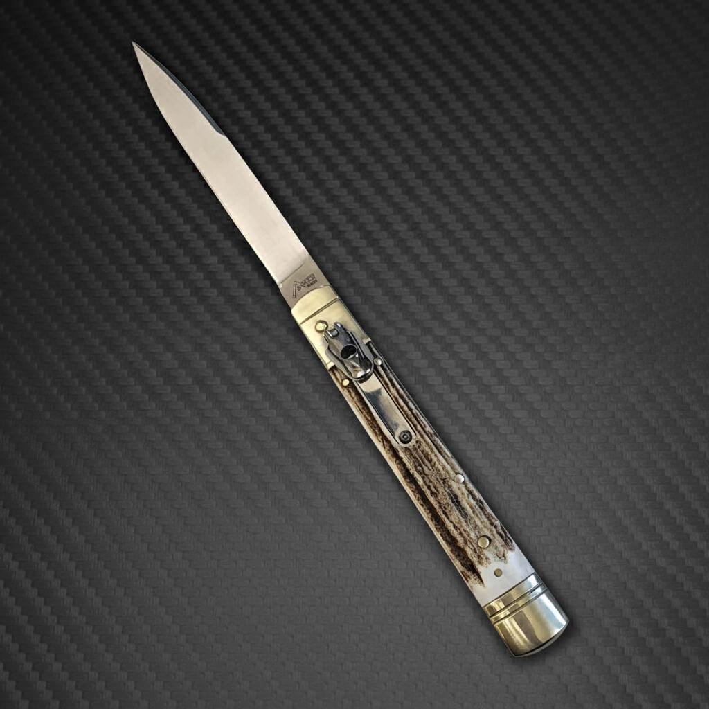 AKC 9 Leverlock Automatic Knife featuring Satin Plain Stag handle, durable and stylish design
