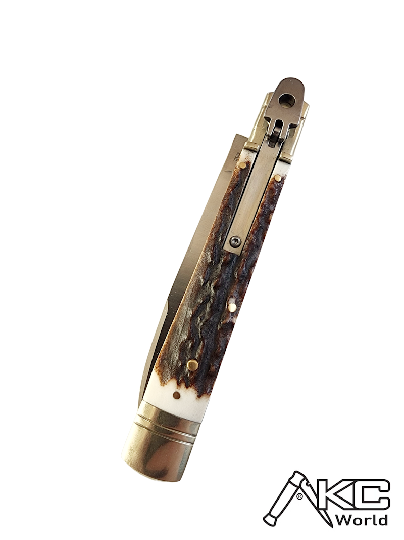 AKC World 9 Leverlock Automatic Knife with Stag Handle in Satin Plain finish, premium quality folding knife