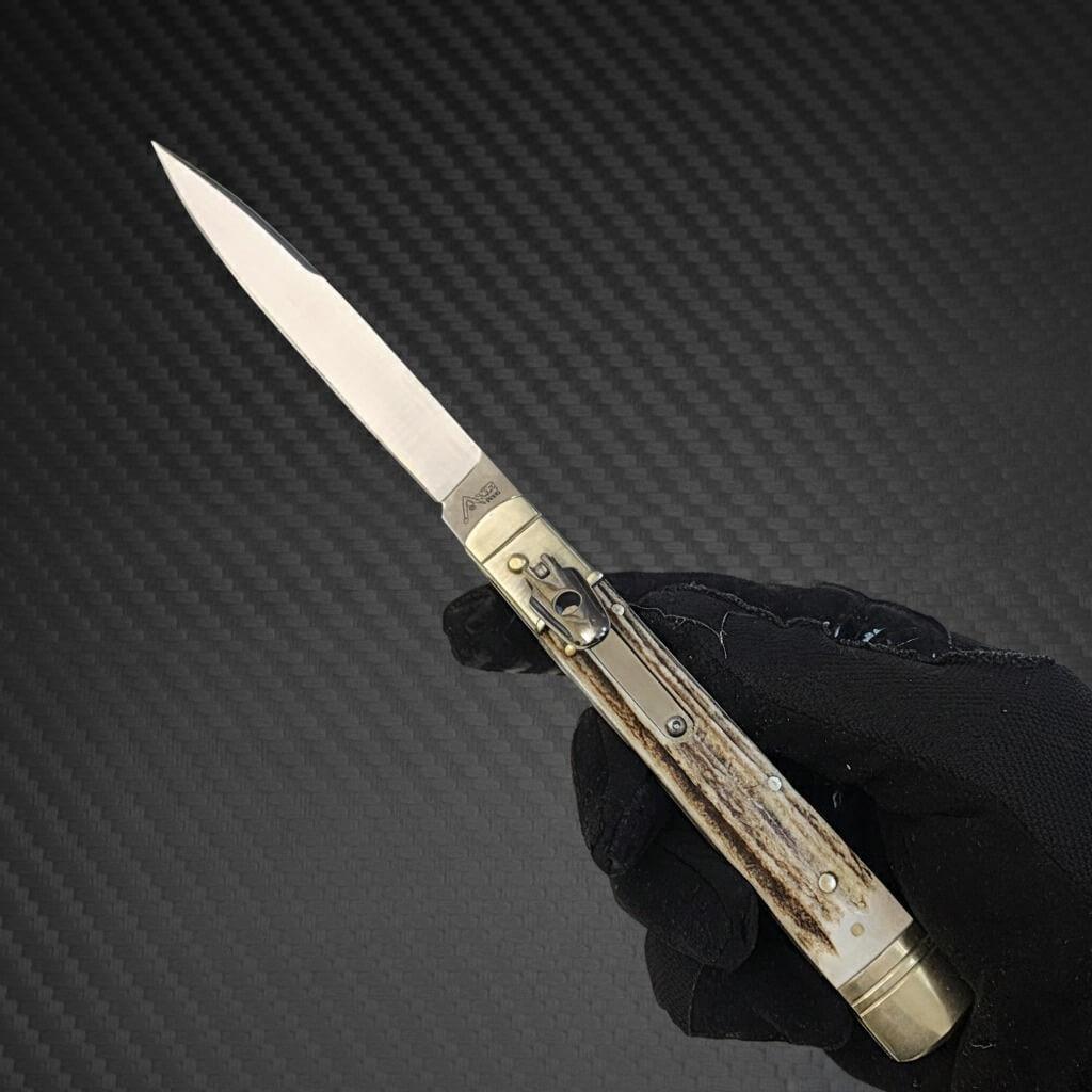 AKC 9 Leverlock Automatic Knife featuring Satin Plain Stag handle, durable and stylish design