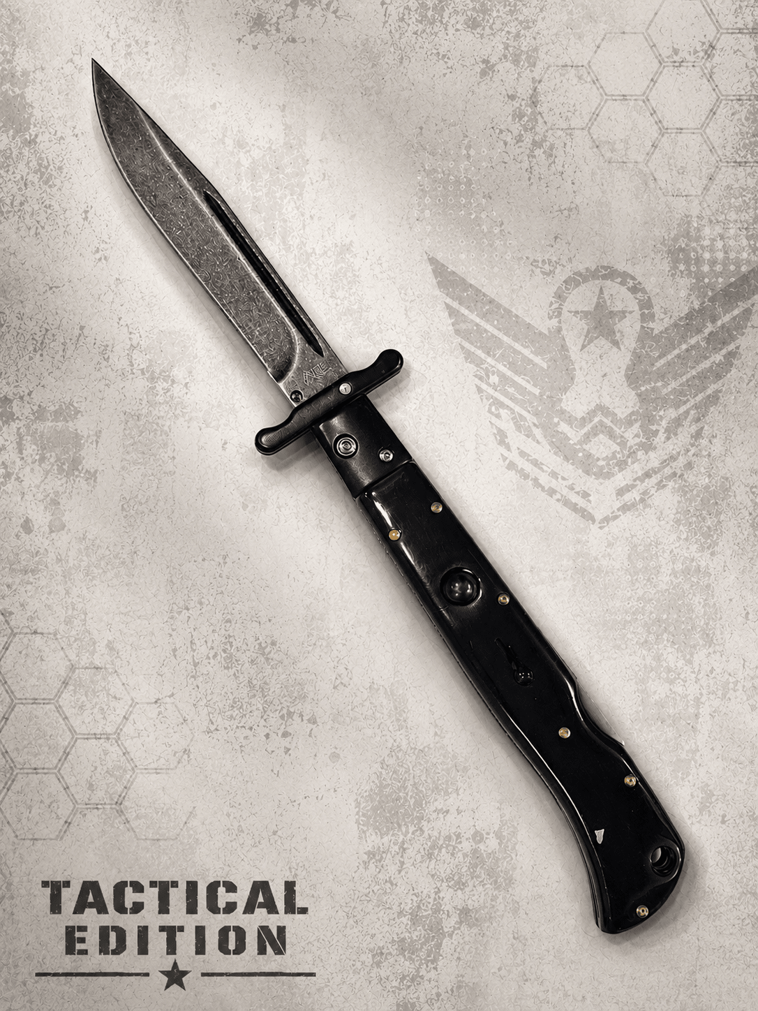 AKC 11" Roma Swinguard Automatic Knife – Tactical Blackout Edition | Black Stonewash Blade