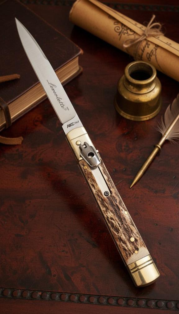 Italian Leverlock Knife AKC 9-inch featuring Stag handle with Satin Plain finish, ideal for collectors and knife enthusiasts