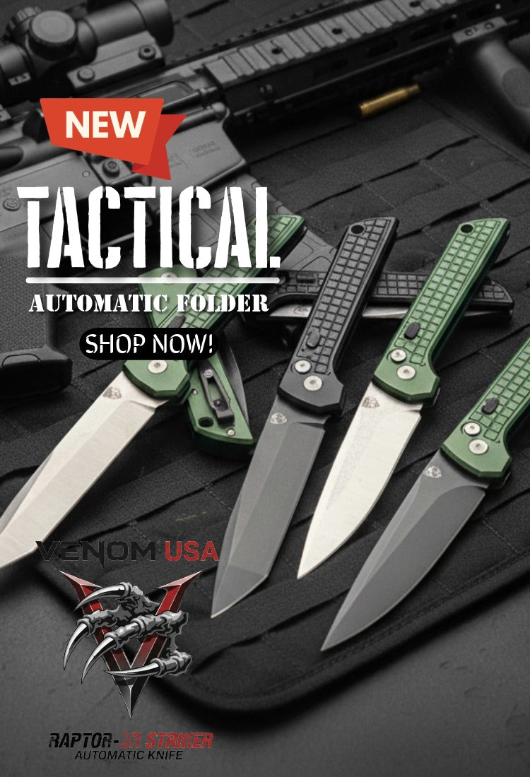 Tactical automatic folders with visible Venom USA logo on a dark background