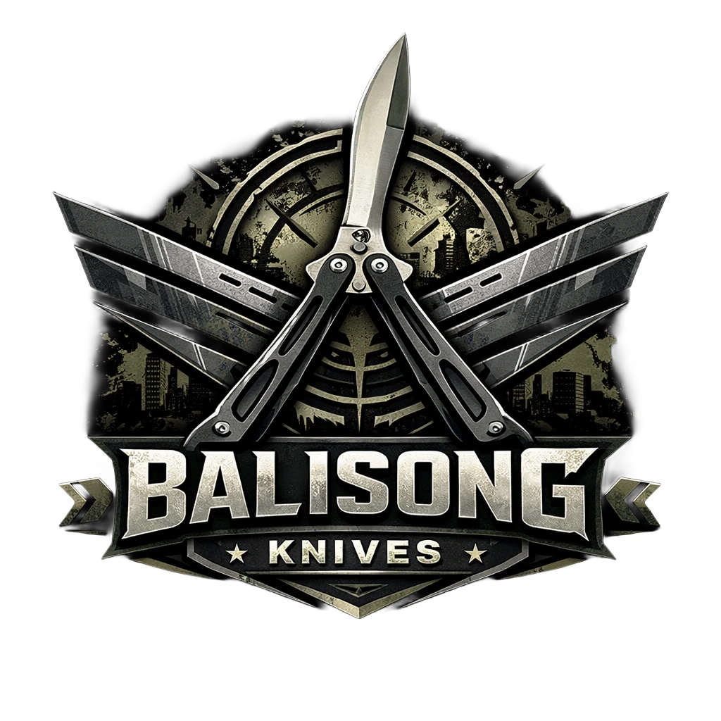 Logo for Balisong Knives with crossed knives on a dark background