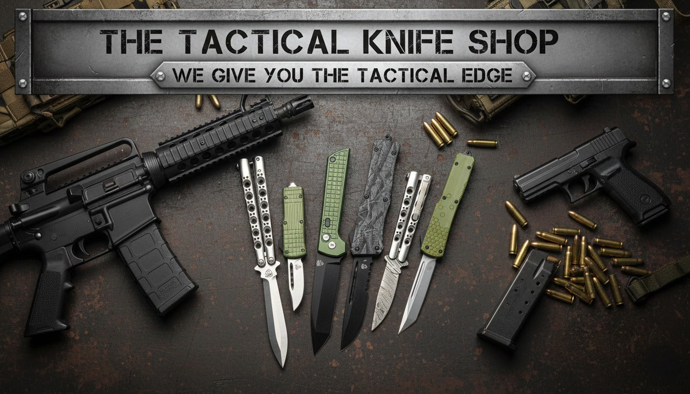 Tactical knife shop advertisement with knives, guns, and ammunition on a dark surface.