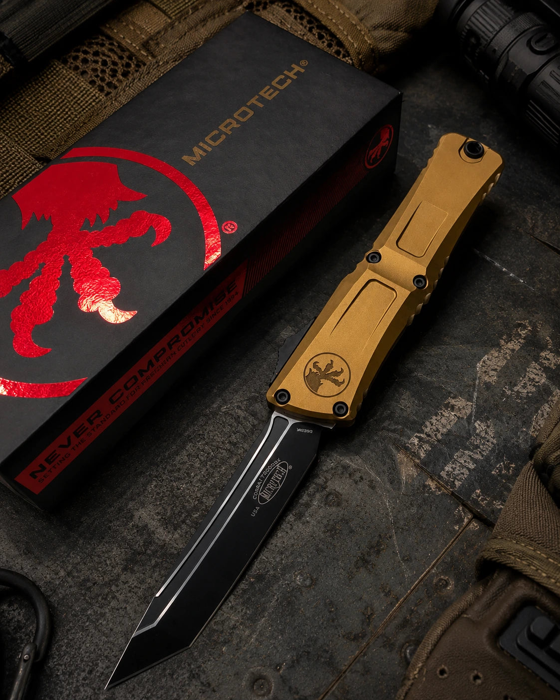 Microtech Combat Troodon Gen III TE OTF Automatic Knife Tan Aluminum (4 Black)