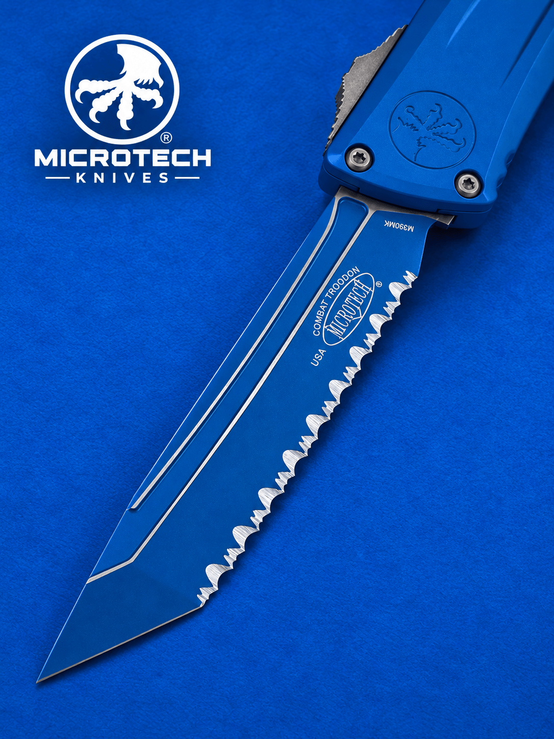 Microtech Combat Troodon Gen III TE OTF Automatic Knife – Blue Cerakote Blue Fully Serrated Tanto M390MK 1144-3BL-C1Z13