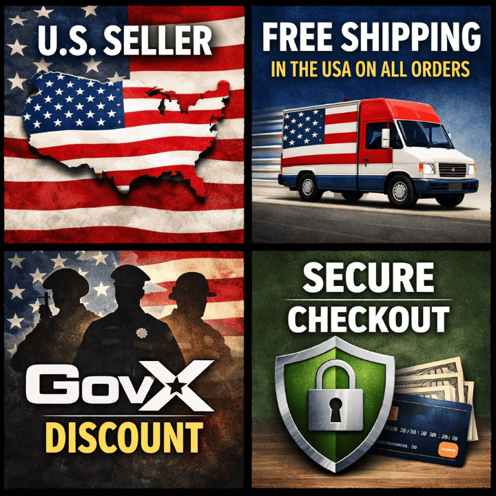 Promotional collage for GovX with U.S. flag, delivery van, and security icons for an OTF automatic knife store