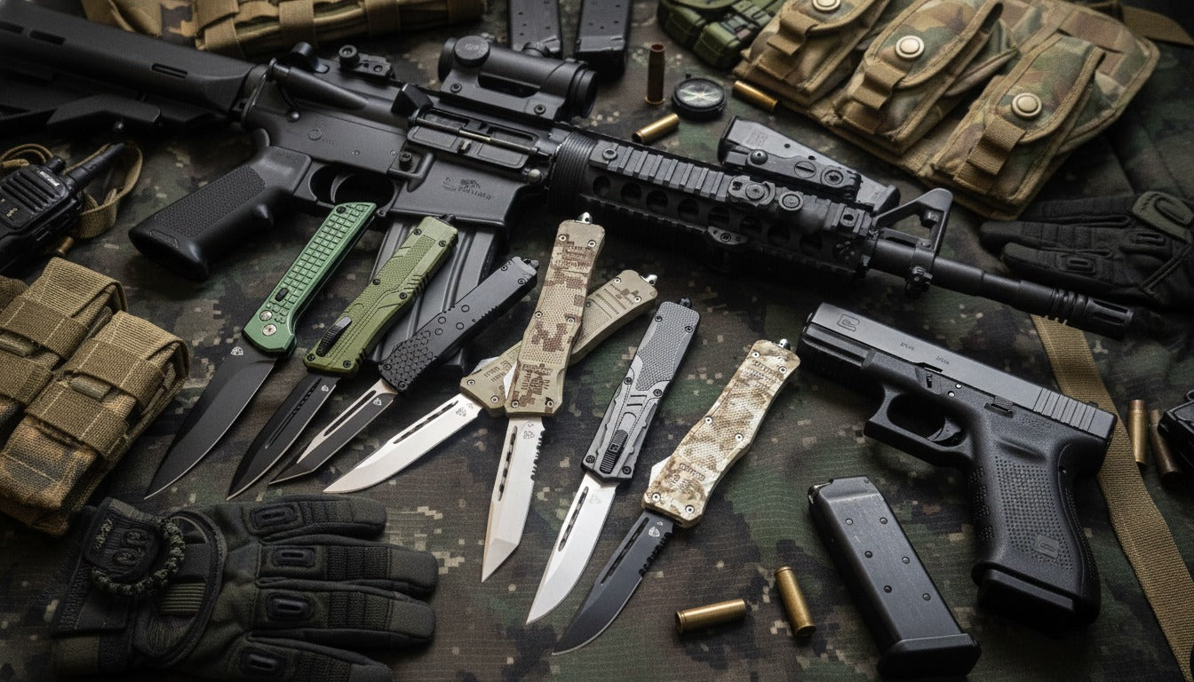 A selection of OTF Out the Front knives for sale online with a camouflage background and military weapons