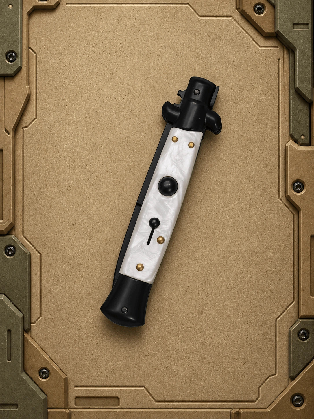 AKC 9 Tactical Edition Auto Stiletto White Pearl Knife - (3.75 Black Bayonet)