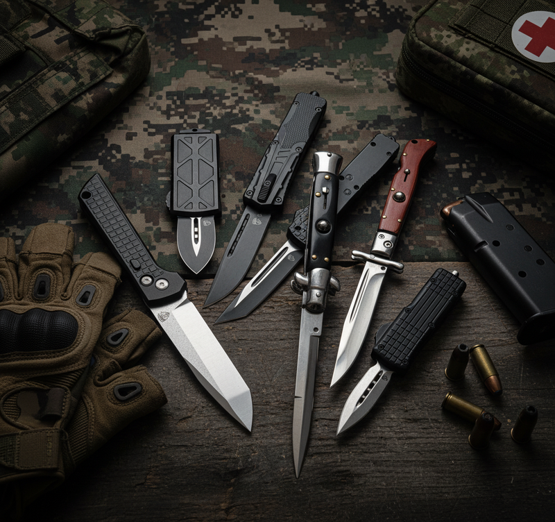 Collection of knives, ammunition, and tactical gear on a camouflage background