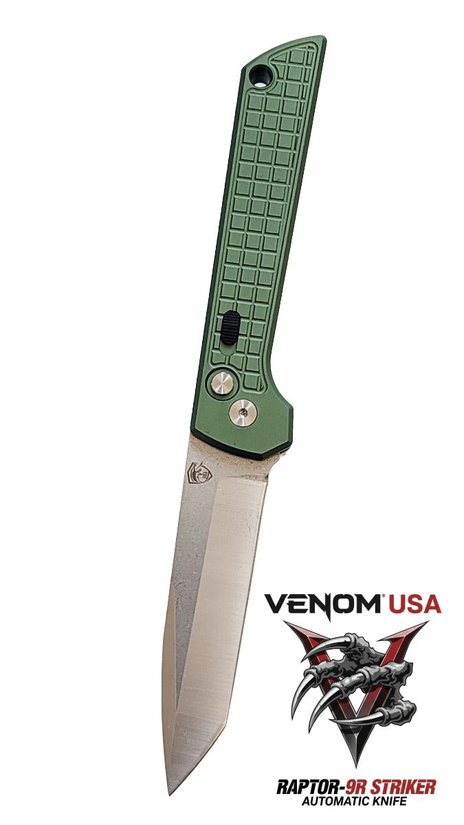 Green knife with metallic blade on a white background, featuring the Venom USA logo.