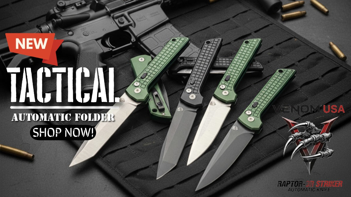 Green tactical knives on a black surface with promotional text for Venom USA.