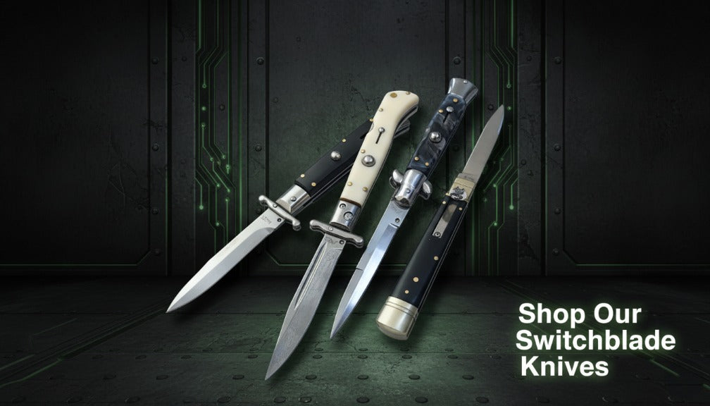 Three switchblade knives displayed against a dark background with promotional text.