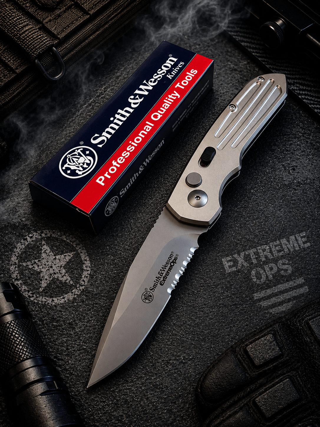 Smith & Wesson Extreme Ops Silver Automatic Knife - Satin Drop Point Par Ser