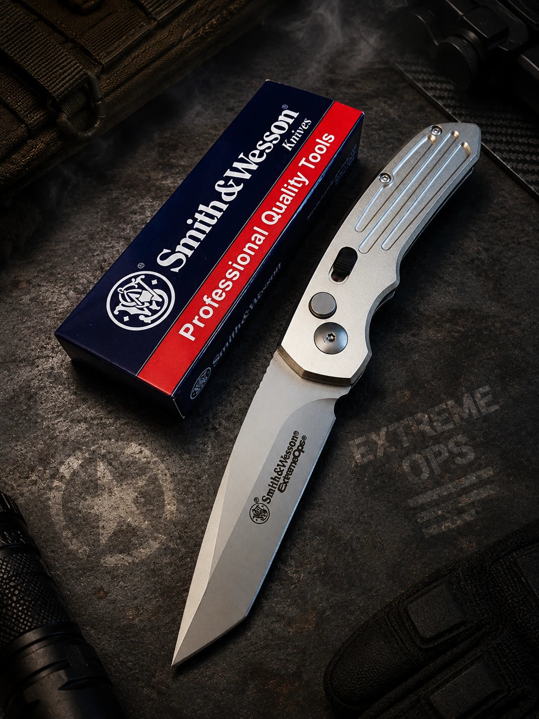 Smith & Wesson Extreme Ops Silver Automatic Knife - Tanto Satin Plain