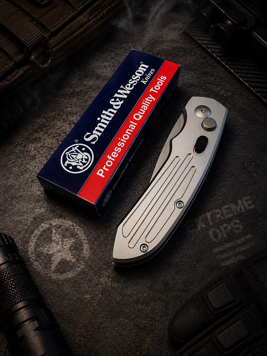 Smith & Wesson Extreme Ops Silver Automatic Knife - Tanto Satin Plain