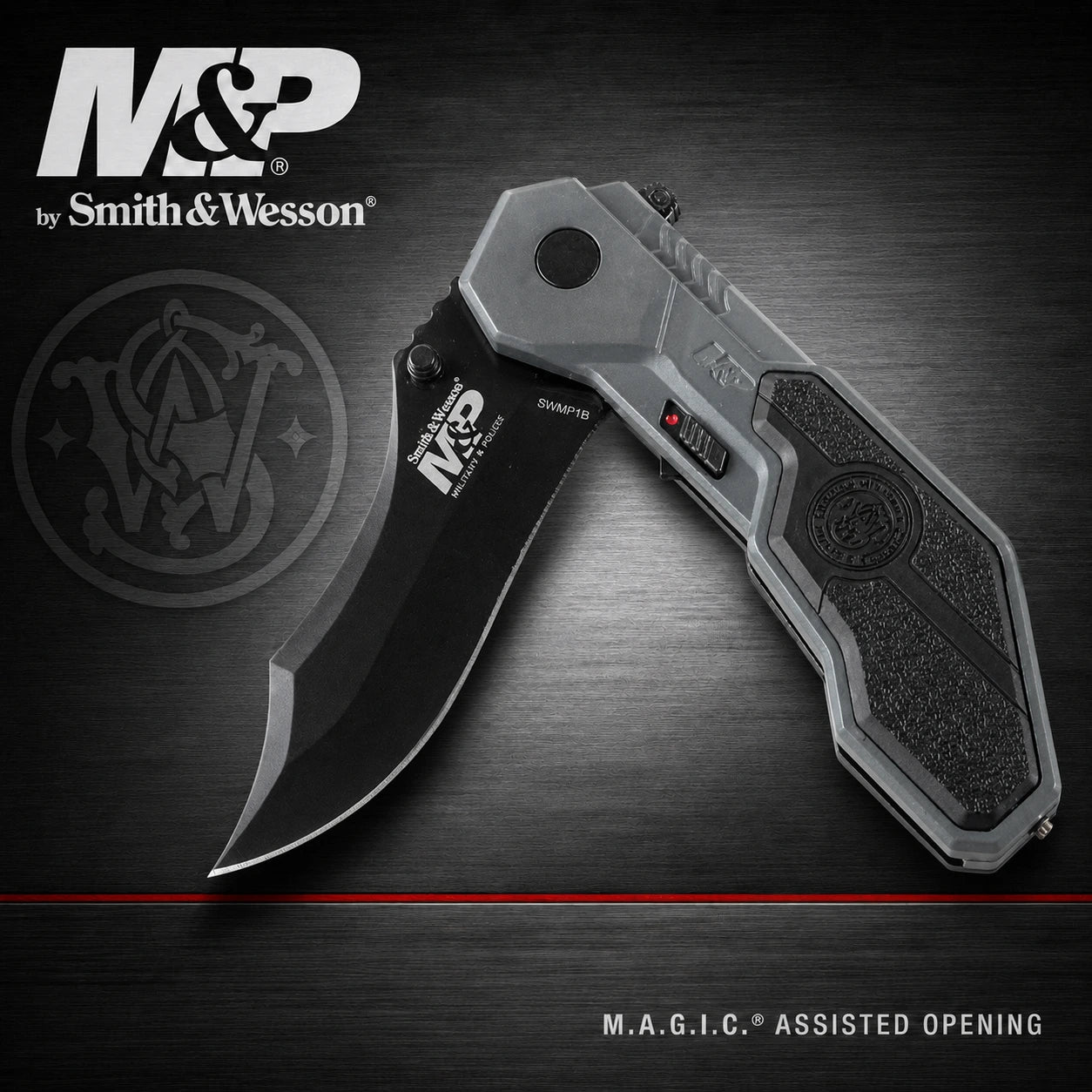 A Smith & Wesson M&P folding knife with a black drop-point blade and a gray textured handle, shown open on a dark textured background with Smith & Wesson branding.