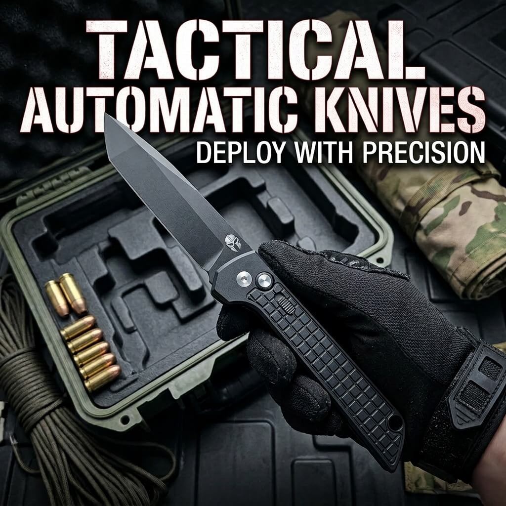 Tactical automatic knife with鞘and gloved hand on a dark background
