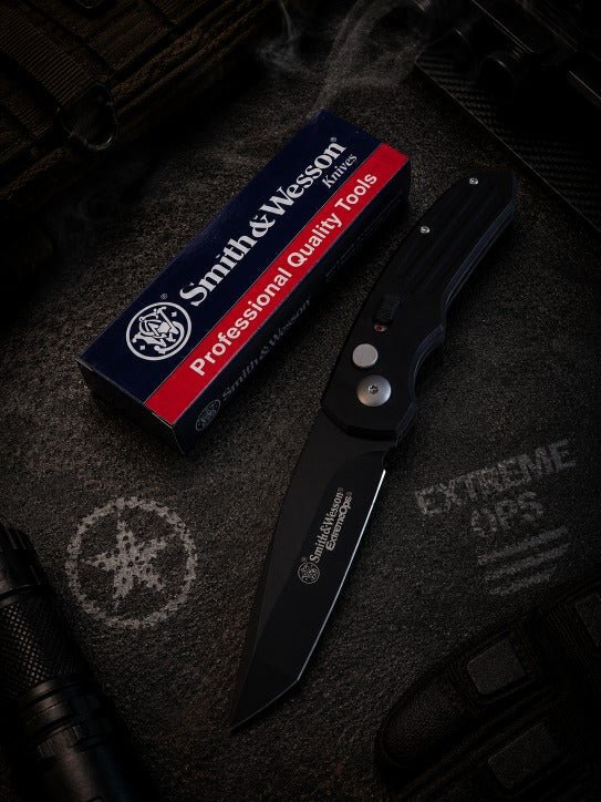 Smith & Wesson Extreme Ops Black Automatic Knife - Black Tanto Plain