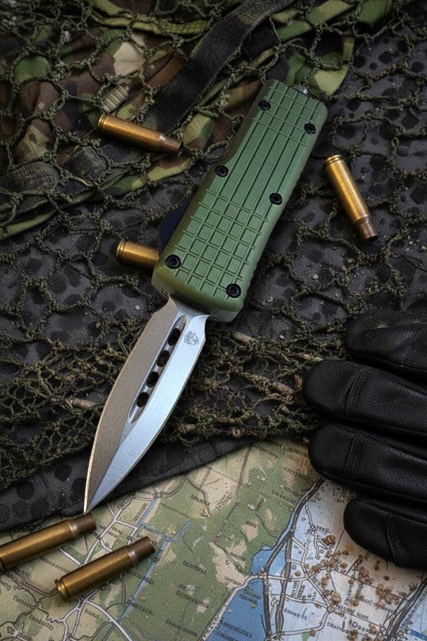 V20 Mini OTF Knife with Satin DP 2.0 finish, durable and sleek design for pocket knives