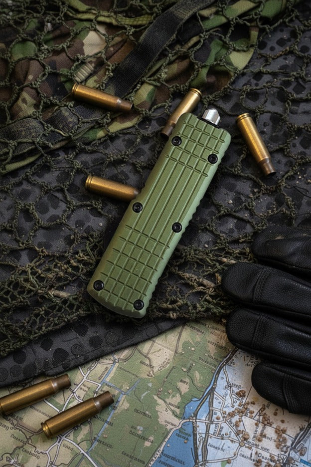 Green tactical knife with bullets on a camouflage-patterned surface