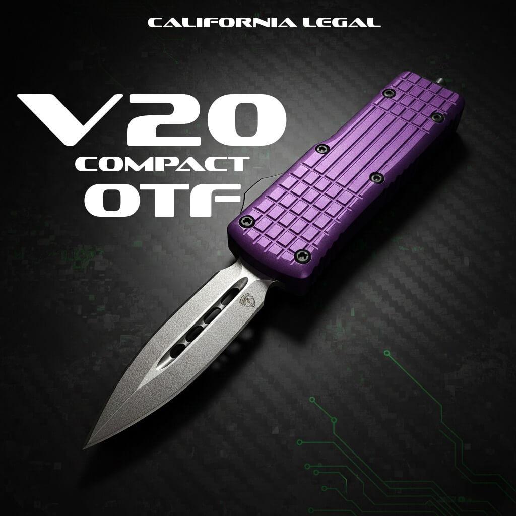 V20 Mini OTF Knife in Purple Satin finish, compact satin DE 2.0 inch blade, premium quality automatic knife