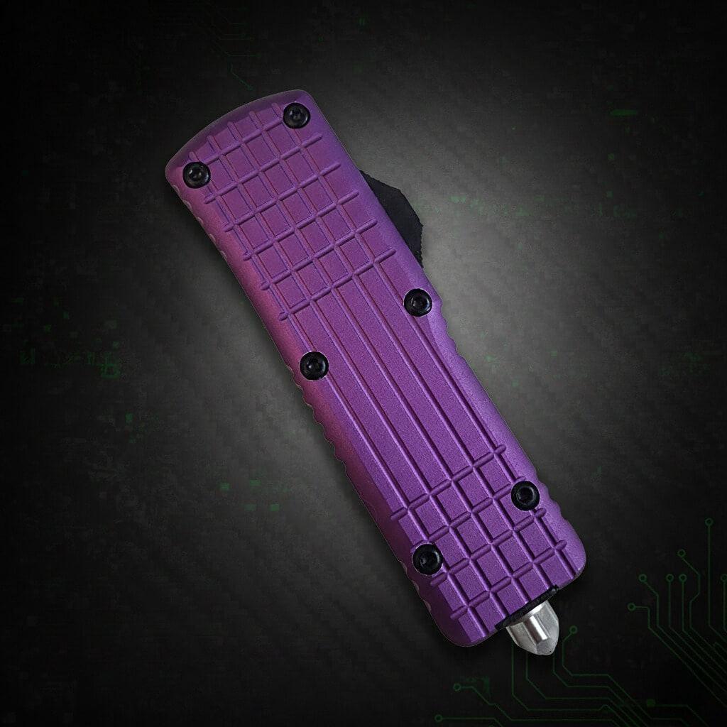 V20 Mini OTF Knife in Purple Satin finish, compact satin DE 2.0 inch blade, premium quality automatic knife