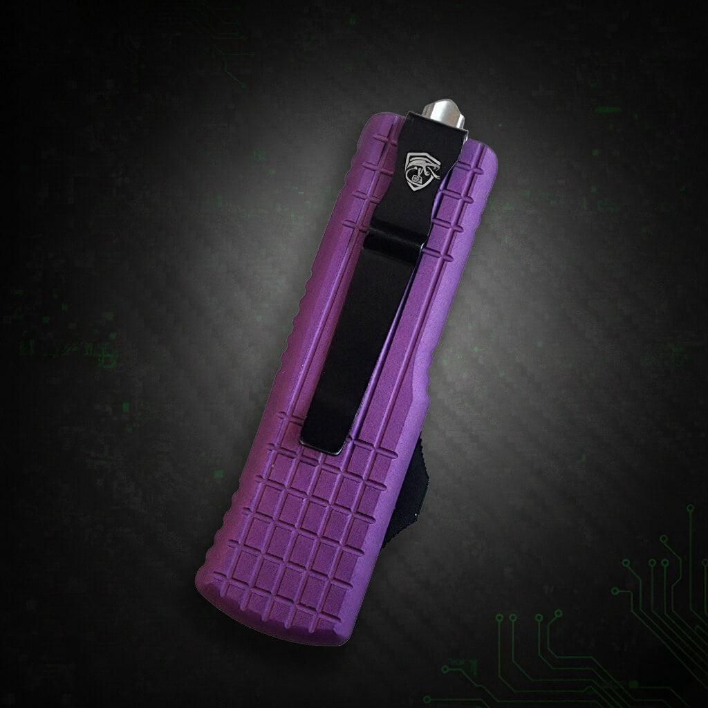 V20 Mini OTF Knife in Purple Satin finish, compact satin DE 2.0 inch blade, premium quality automatic knife