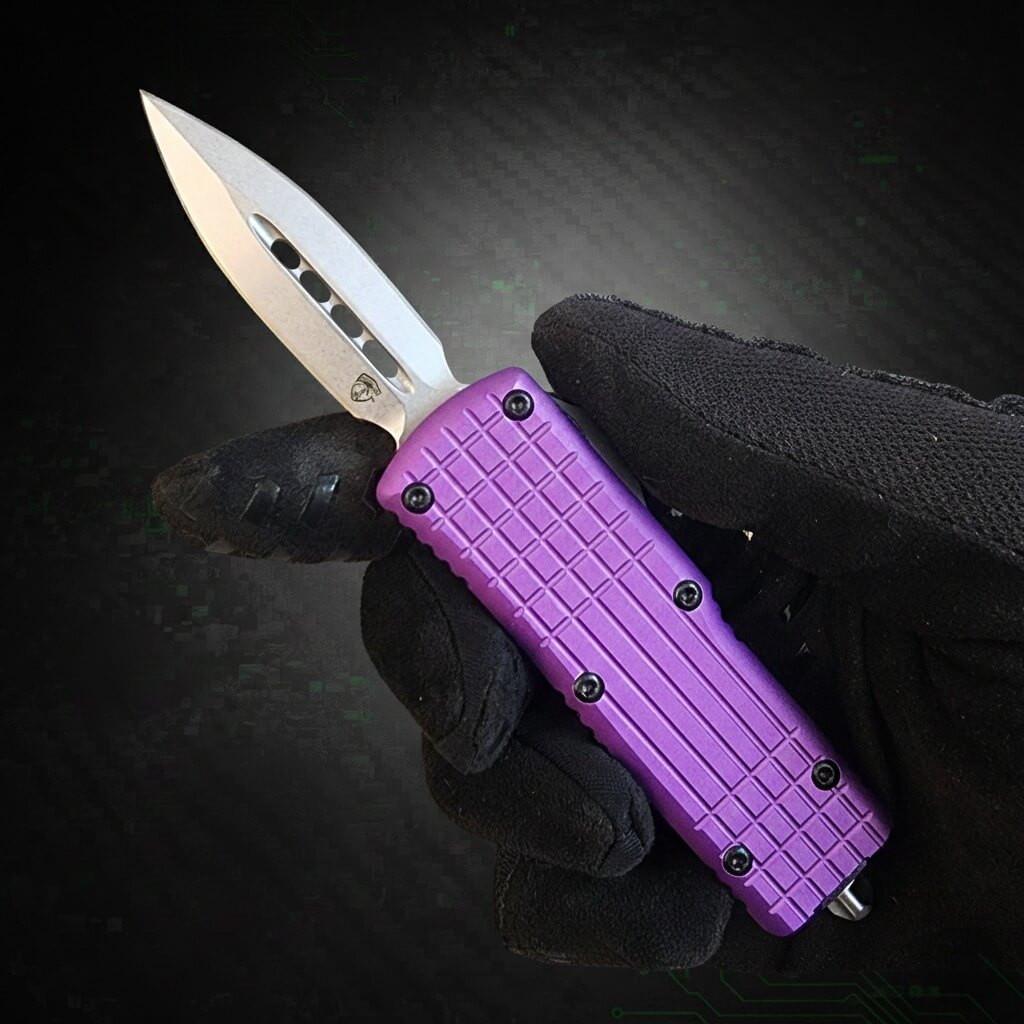 V20 Mini OTF Knife in Purple Satin finish, compact satin DE 2.0 inch blade, premium quality automatic knife